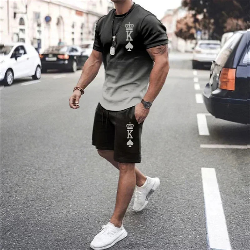 The latest 3D gradient T-shirt and shorts set men's short sleeved O-neck top casual and fashionable skateboarding sportswear set