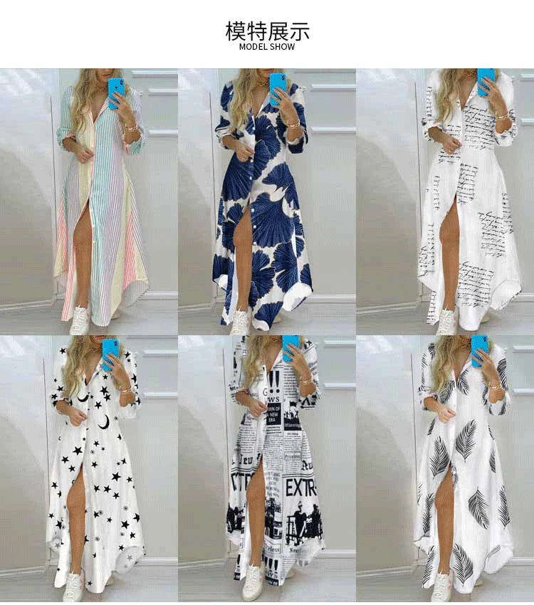 European And American Women's Clothing 2021 Autumn New Style Temperament Printed Shirt Lapel Single Breasted Long Irregular Wome