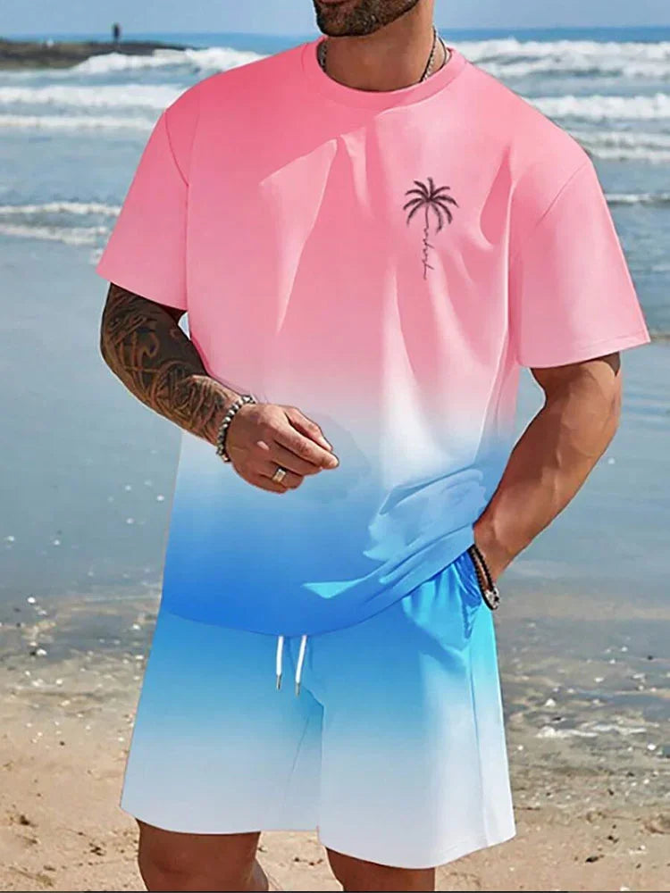 The latest 3D gradient T-shirt and shorts set men's short sleeved O-neck top casual and fashionable skateboarding sportswear set