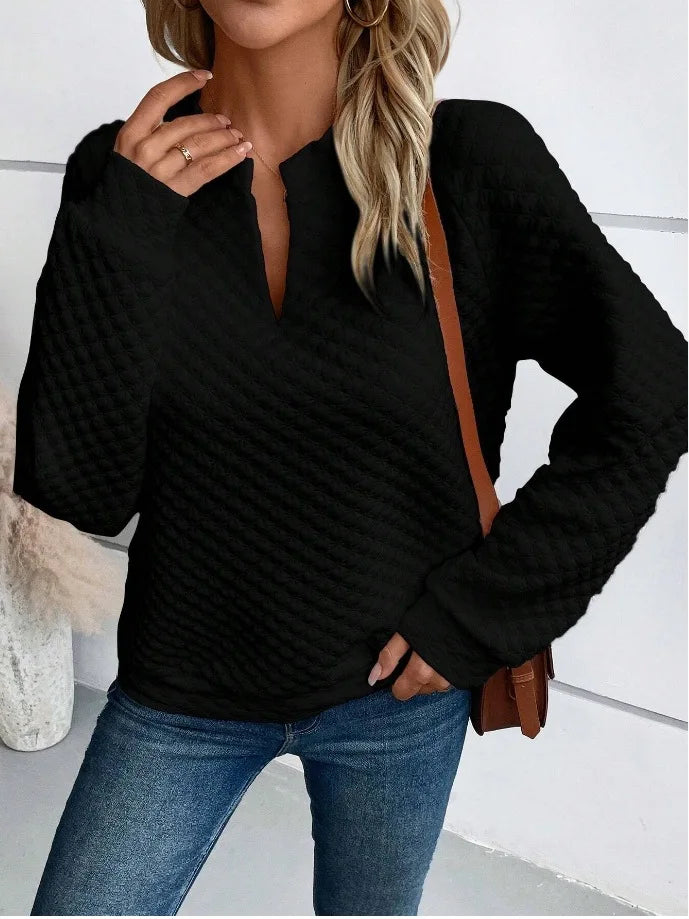 Women Sweatshirt 2025 Spring Autumn Latest Fashion Solid Color Deep V-Neck Pullover Long Sleeved Casual Hoodie Loose Sporty Top