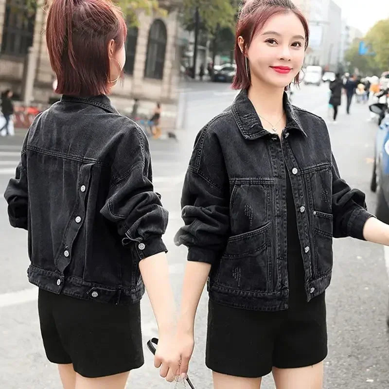 Ripped Cowboy Coat Woman Spring Autumn Korean Popular Clothes Denim Jacket for Women Hole Sale Low Price Cowgirl Clothing New In