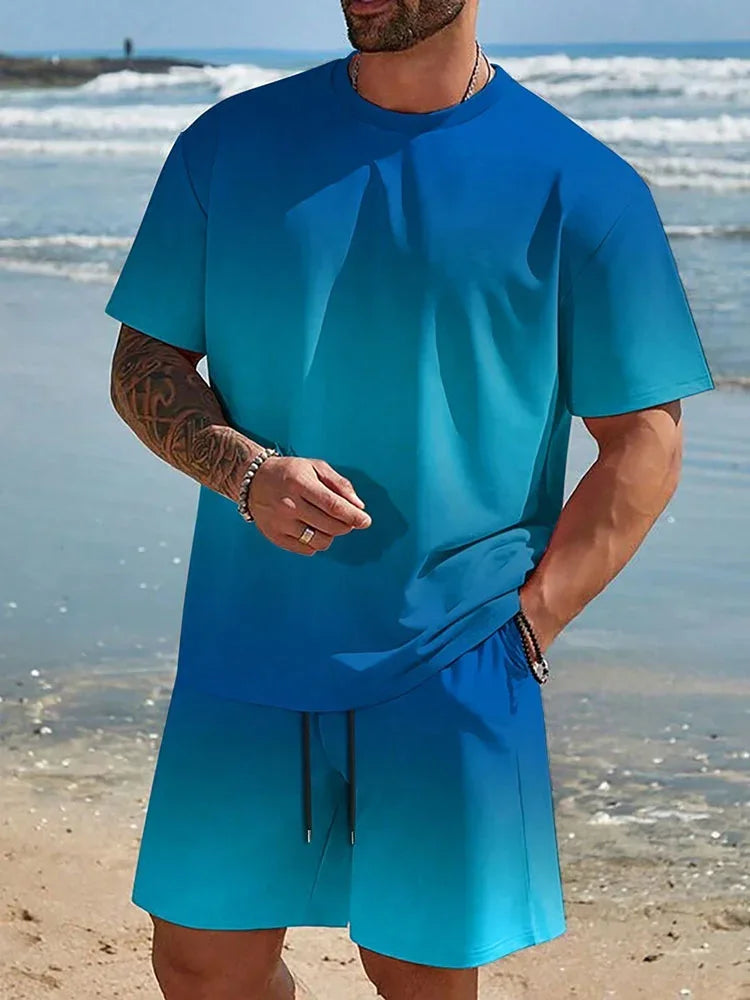 The latest 3D gradient T-shirt and shorts set men's short sleeved O-neck top casual and fashionable skateboarding sportswear set