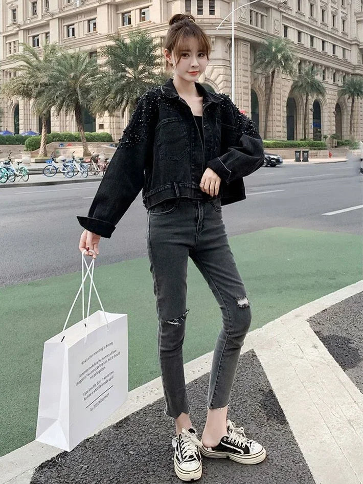 Ripped Cowboy Coat Woman Spring Autumn Korean Popular Clothes Denim Jacket for Women Hole Sale Low Price Cowgirl Clothing New In
