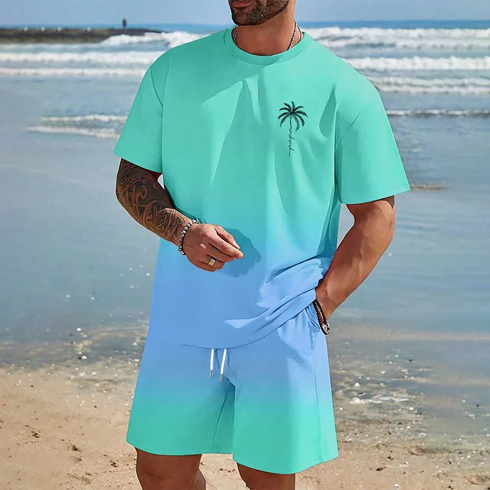 The latest 3D gradient T-shirt and shorts set men's short sleeved O-neck top casual and fashionable skateboarding sportswear set