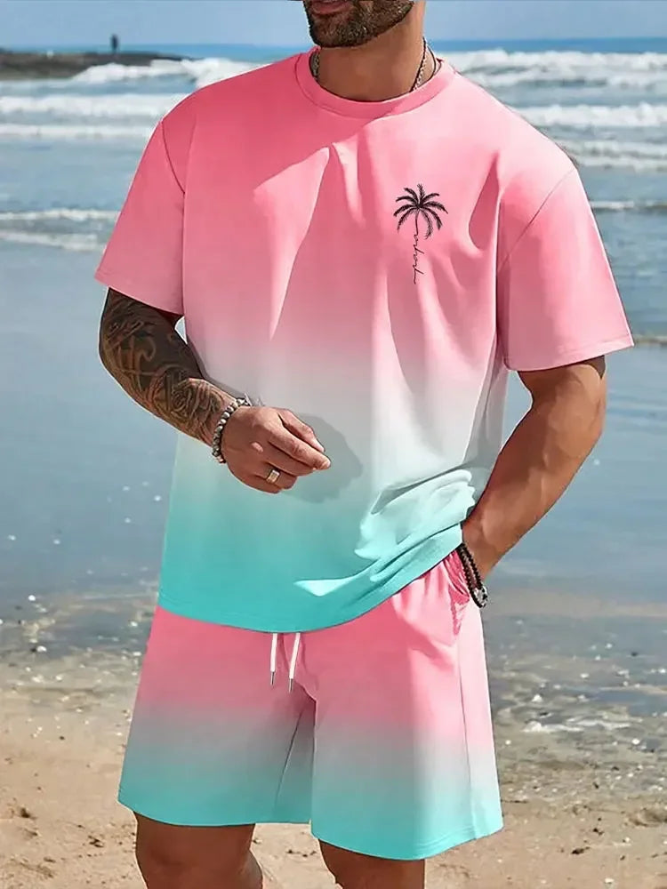 The latest 3D gradient T-shirt and shorts set men's short sleeved O-neck top casual and fashionable skateboarding sportswear set