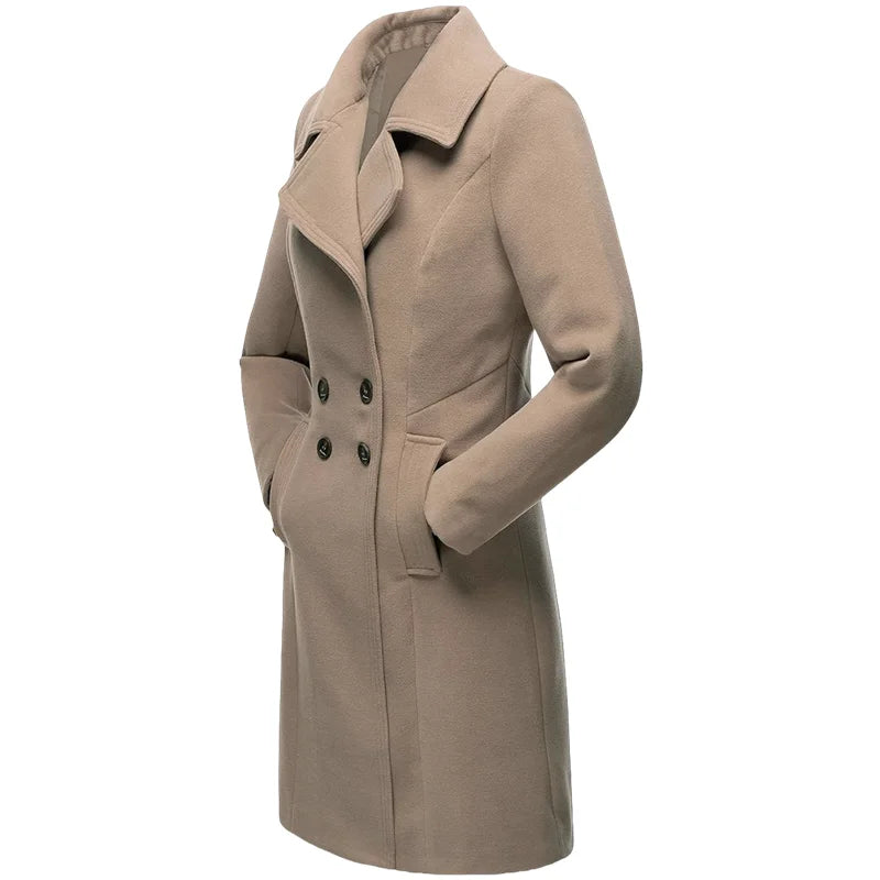 Women's Coat Winter Warm Wool Blend Lined Coat Outerwears Female Coats Double Breasted Turn-down Collar Women's Coats