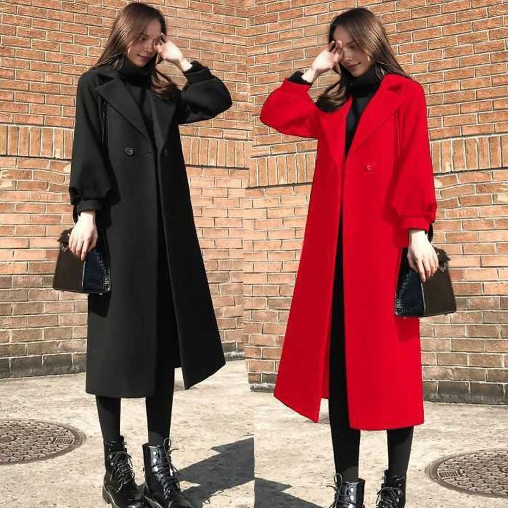 Women‘s Coat Winter Korean Fashion Long Coated Thickened Woolen Winter Coat for Women Black Coat Harajuku