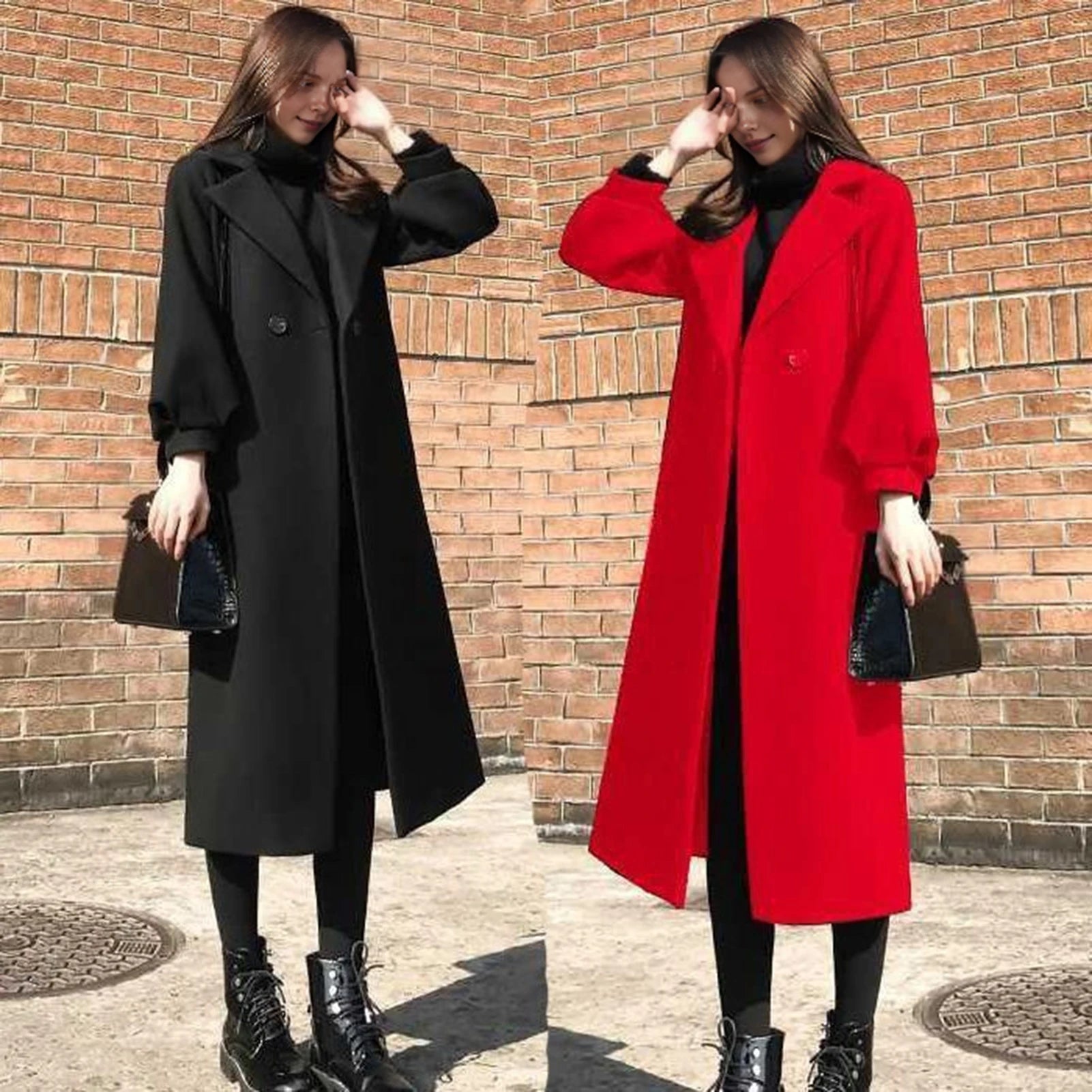 Women‘s Coat Winter Korean Fashion Long Coated Thickened Woolen Winter Coat for Women Black Coat Harajuku